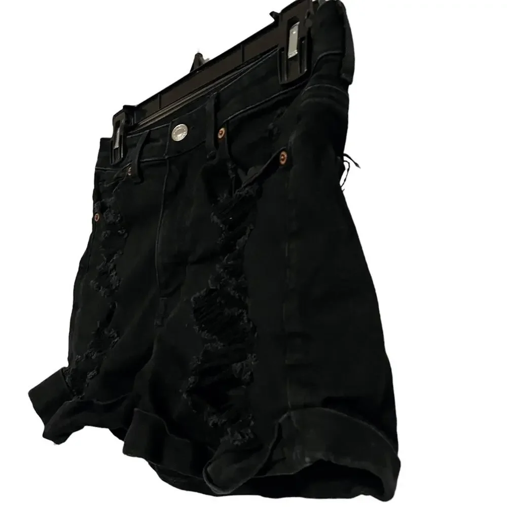 AMERICAN EAGLE MOM SHORTS Solid Black Zip Fly High Rise Roll Cuff Jeans Denim  4